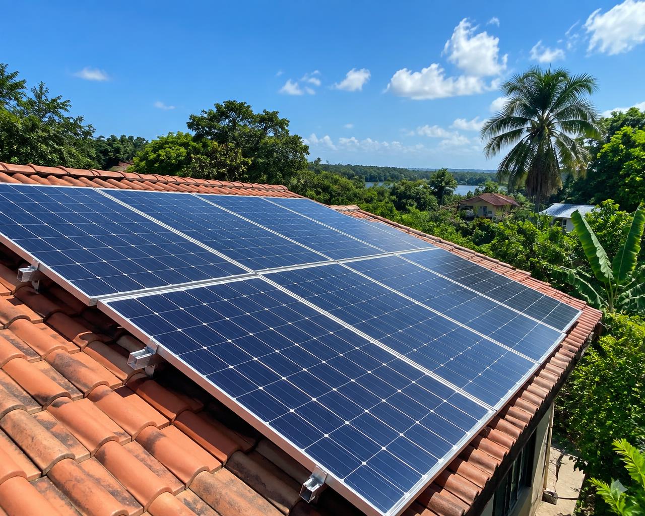 Painéis de energia solar instalados em telhado residencial